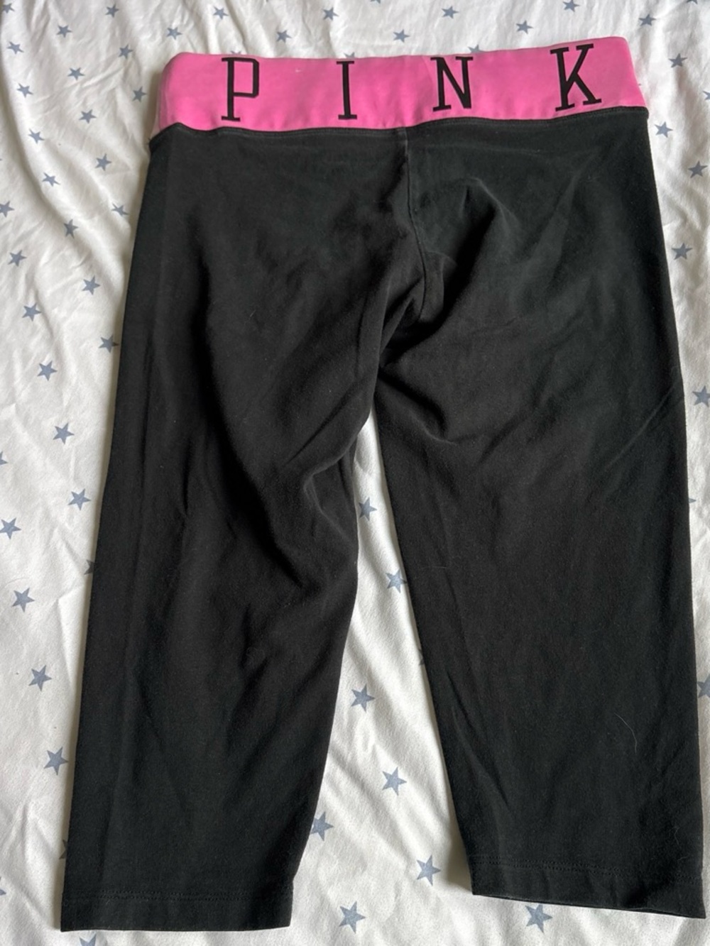 PINK Victoria's Secret Black Capri Leggings with Hot Pink Logo Waistband